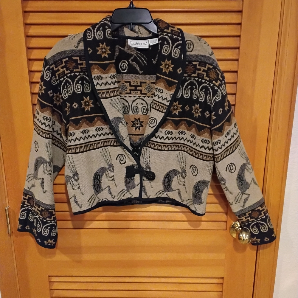USED Vintage Black & Tan Southwest Patterned Cotton Crop Jacket M